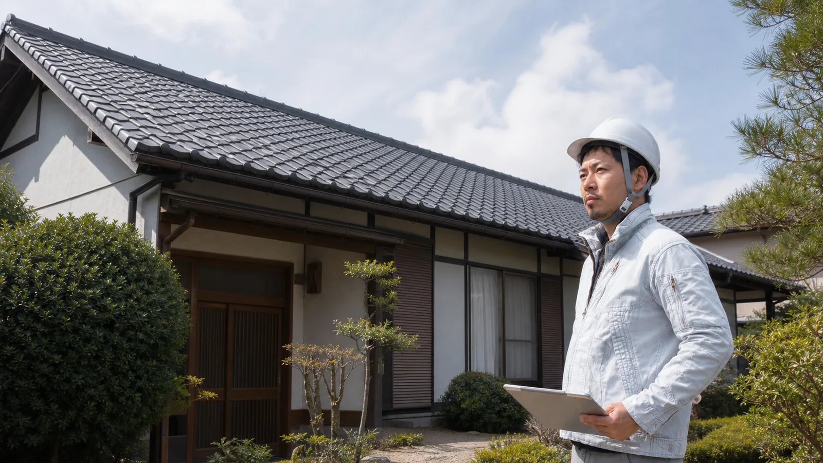 屋根の葺き替え後を確認する坂本さんと瓦屋根の住宅