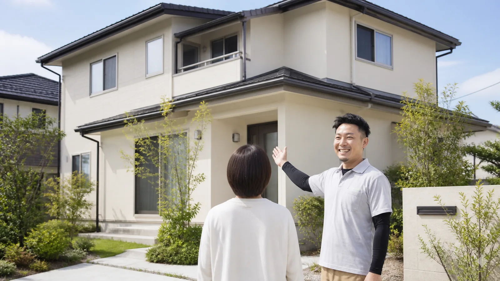 アイボリーの外壁とチャコールの屋根を大野さんが説明する場面