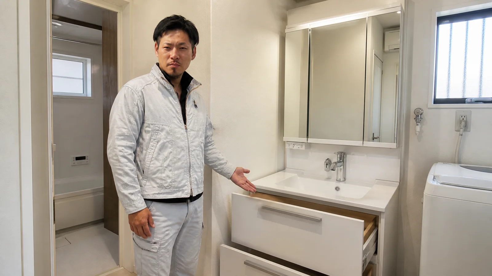 引き出し収納の洗面化粧台を坂本さんが確認する場面