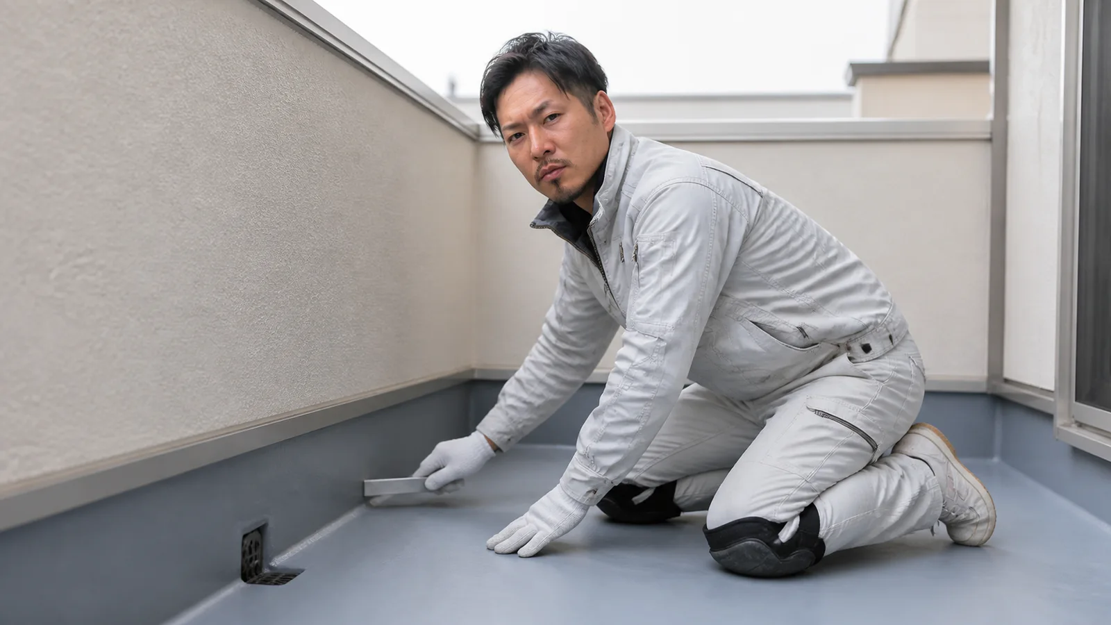 坂本さんをモデルにしたベランダの防水層の確認